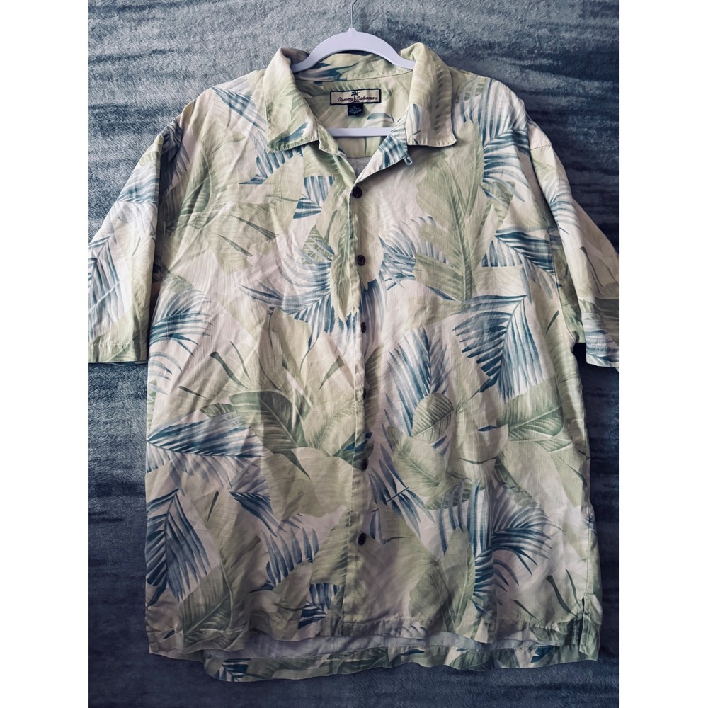 Tommy Bahama Mens‎ XL Silk Palm Leaf Tropical Camp Shirt Green Blue Short Sleeve